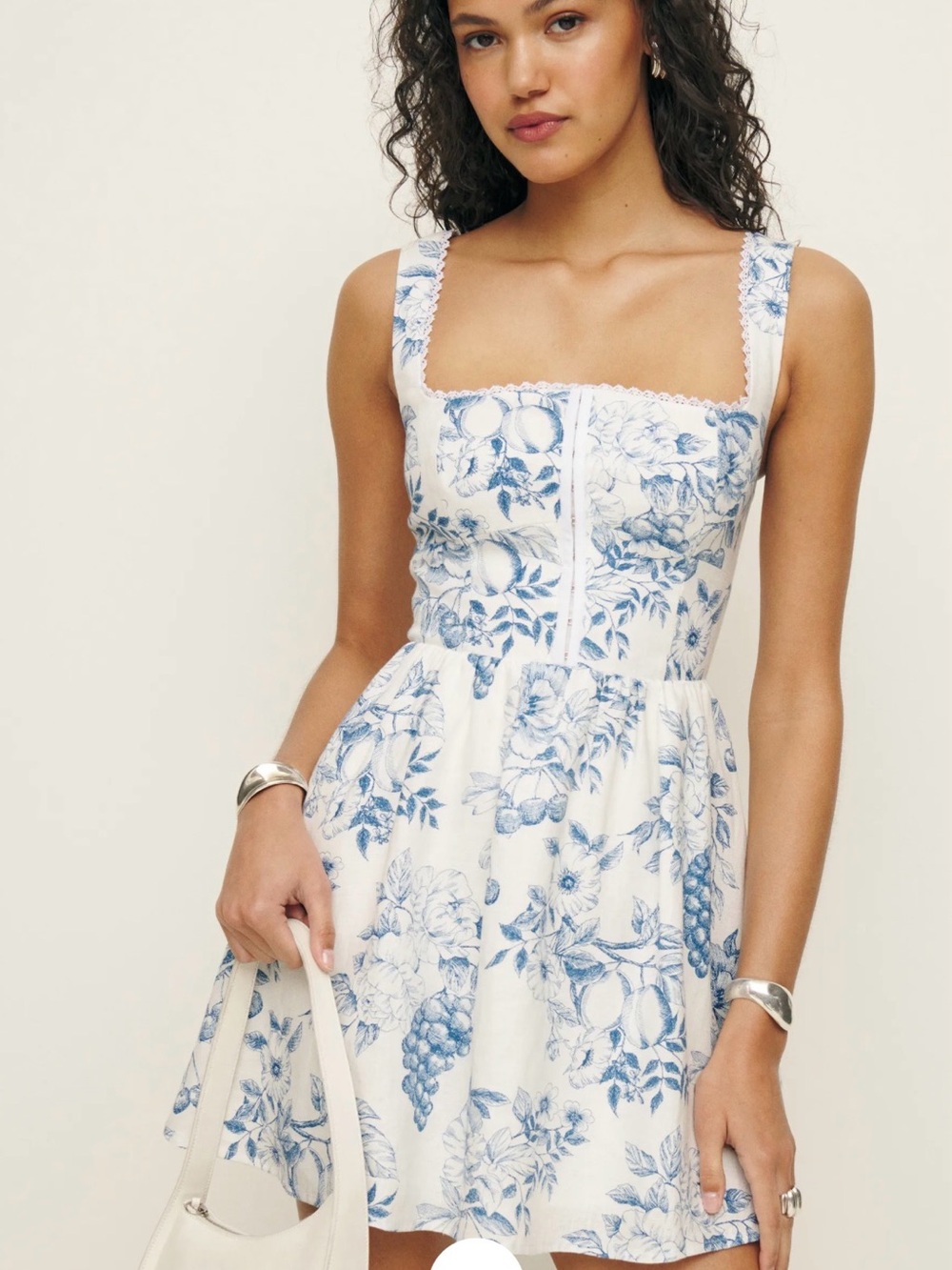 Reformation Sherry Linen Dress Blue White Fruit Floral Mini